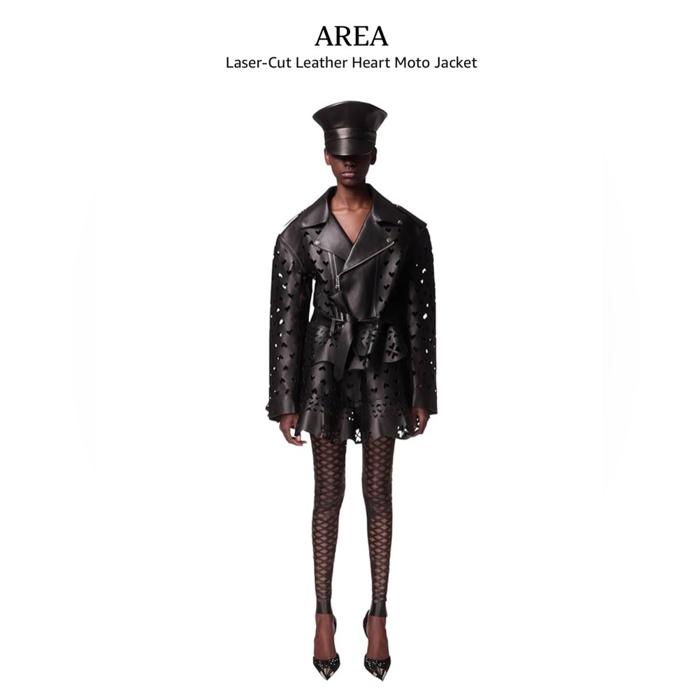 Area Laser Cut Heart Leather Peplum Moto Black Jacket Sz 8 Missing Belt Tie $4k!